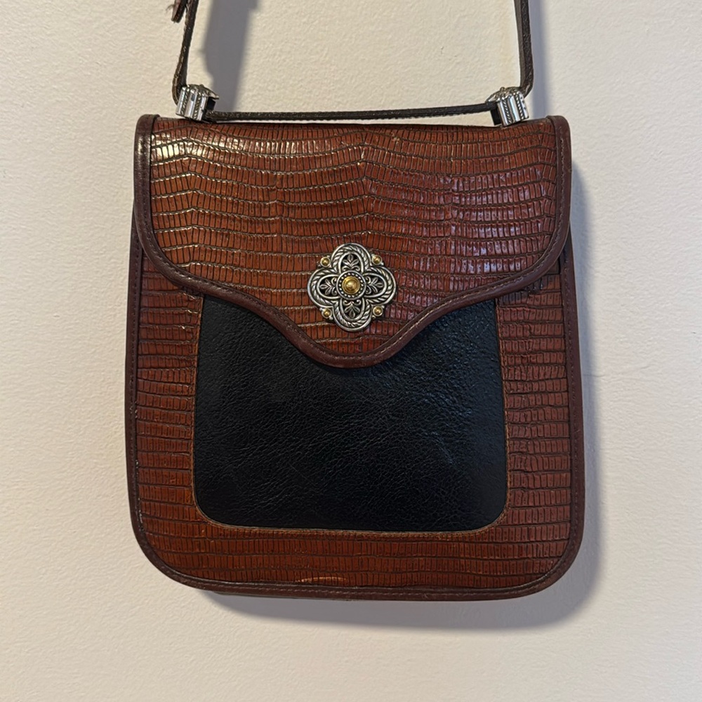 Brighton Croc Embossed Leather Flat Top Shoulder Bag Black Brown Purse